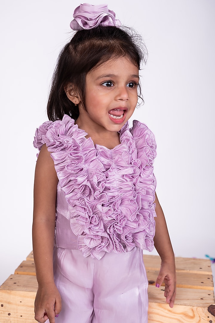 Lavender Shimmer Georgette Ruffled Co-Ord Set For Girls by Little Luxe at Pernia's Pop Up Shop