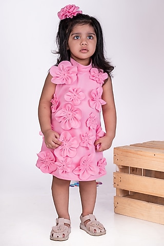 Pink Thick Crepe Floral Dress For Girls by Little Luxe