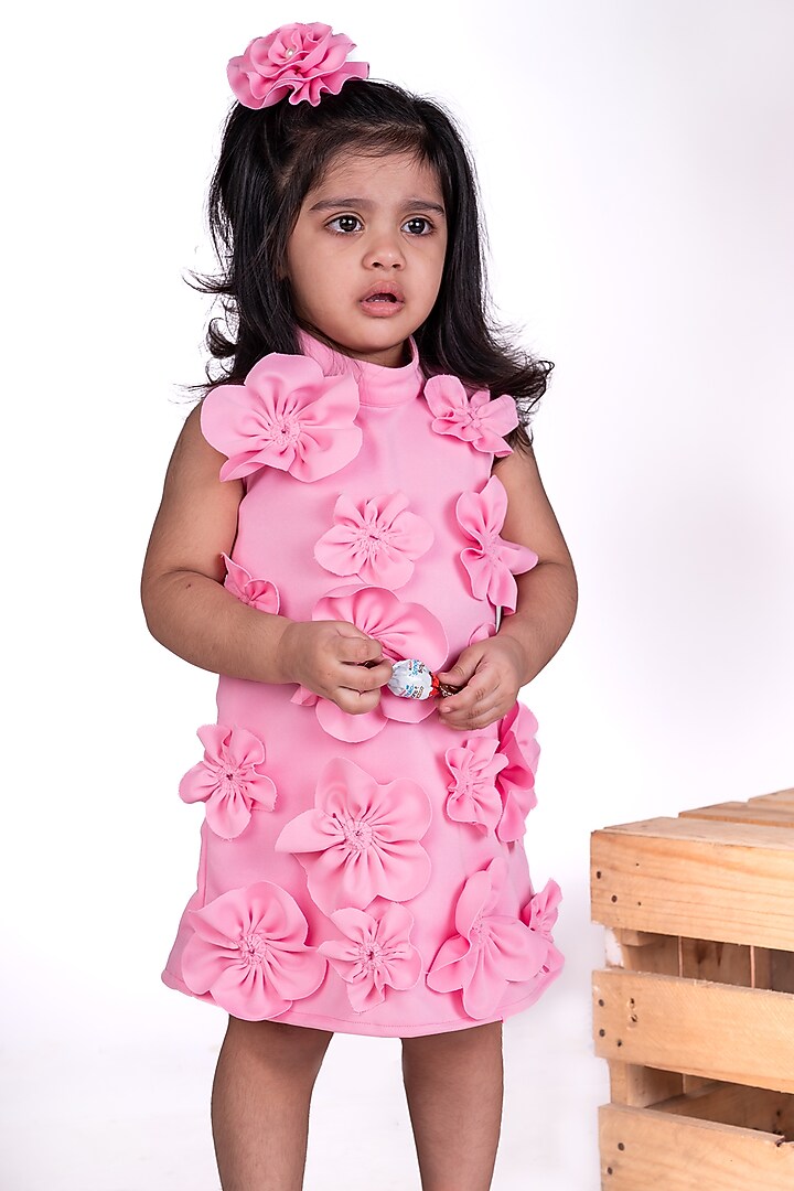 Pink Thick Crepe Floral Dress For Girls by Little Luxe at Pernia's Pop Up Shop