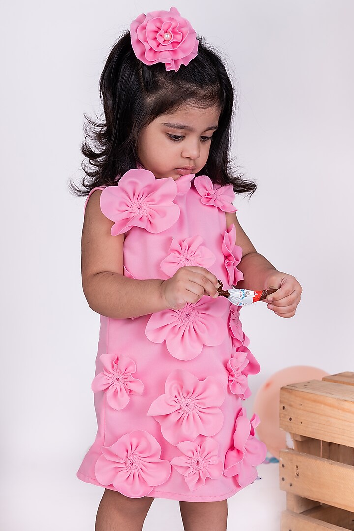 Pink Thick Crepe Floral Dress For Girls by Little Luxe at Pernia's Pop Up Shop