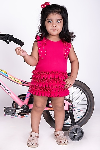 Hot Pink Thick Crepe Ruffled Dress For Girls by Little Luxe