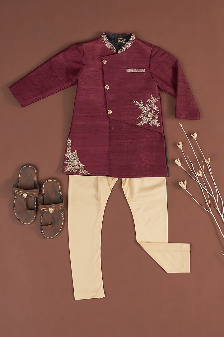Wine Embroidered Sherwani Set For Boys by Little Luxe