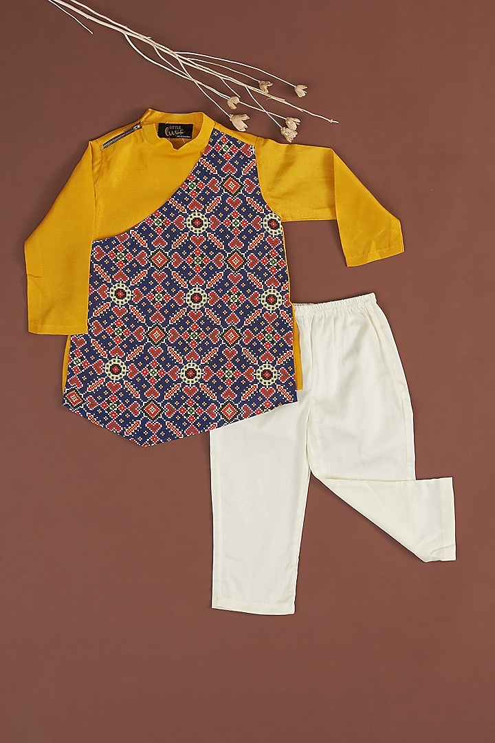 Mustard & Multi-Colored Printed Kurta Set For Boys by Little Luxe