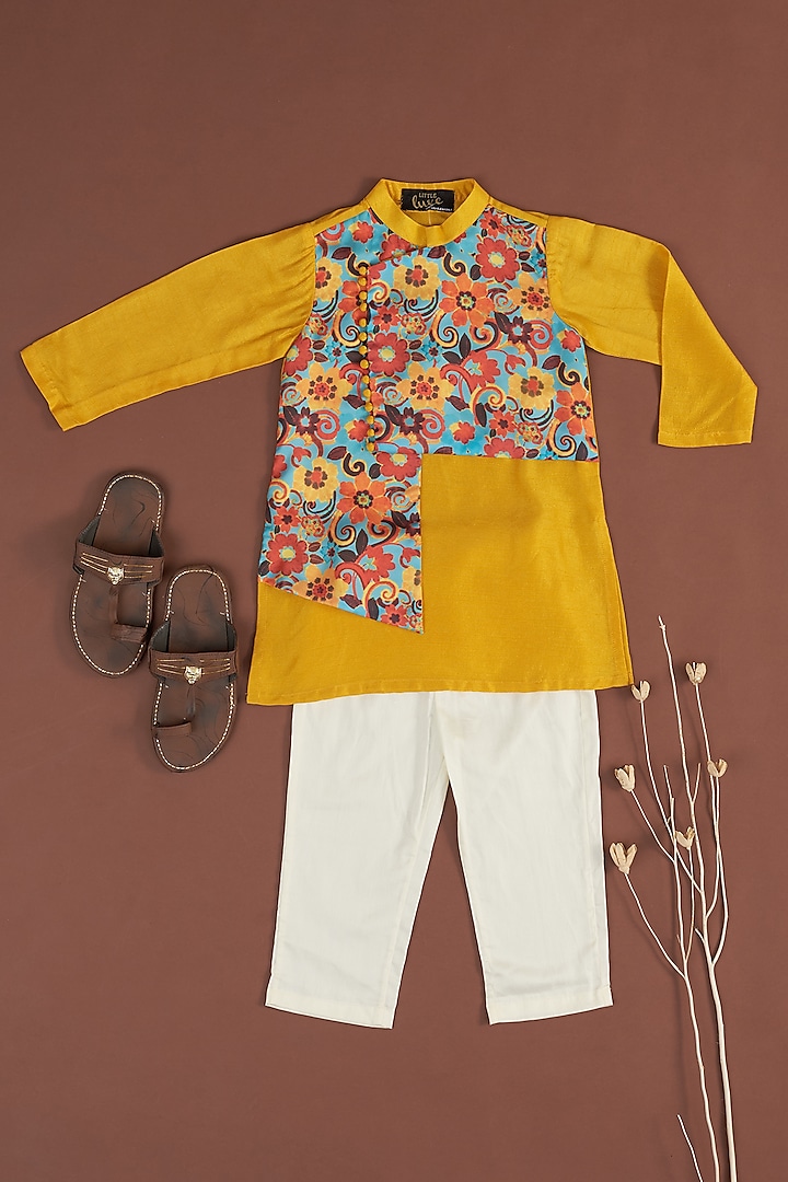 Mustard Floral Printed Kurta Set For Boys by Little Luxe