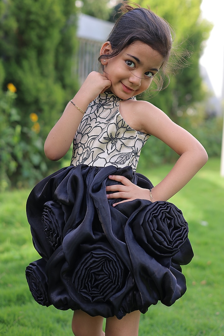 Black & Beige Crushed Silk Embellished Dress For Girls by Little Loom at Pernia's Pop Up Shop