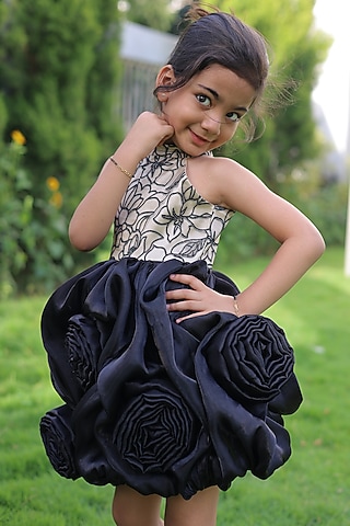 Black & Beige Crushed Silk Embellished Dress For Girls by Little Loom