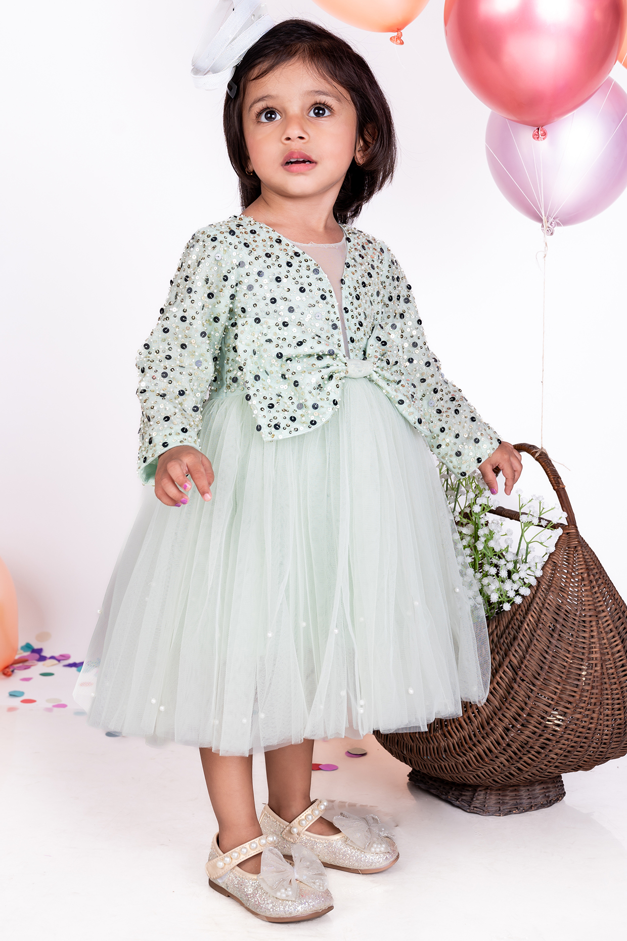 Mint Green Net Embellished Dress For Girls by Little Luxe at Pernia's Pop Up Shop