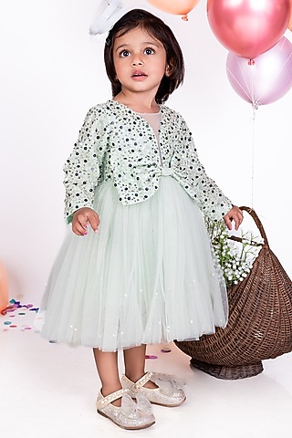 Mint Green Net Embellished Dress For Girls by Little Luxe