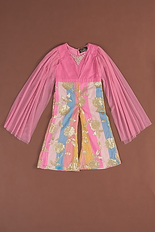 Pink Embellished Jumpsuit For Girls by Little Luxe