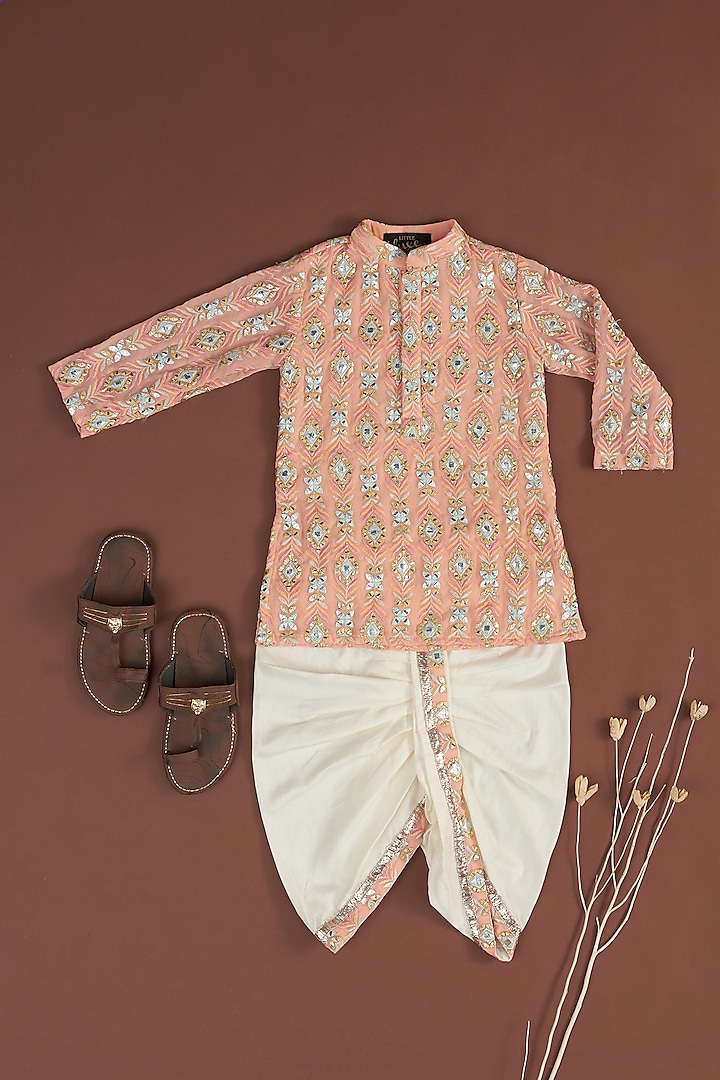 Peach Embroidered Kurta Set For Boys by Little Luxe