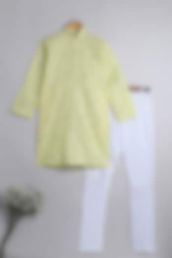 Yellow Pure Linen Thread Embroidered Kurta Set by Li'l Me