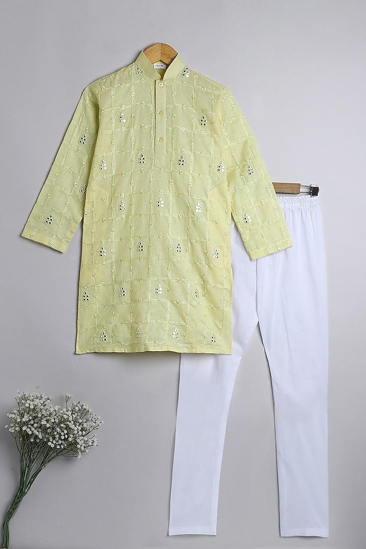 Yellow Pure Linen Thread Embroidered Kurta Set by Li'l Me