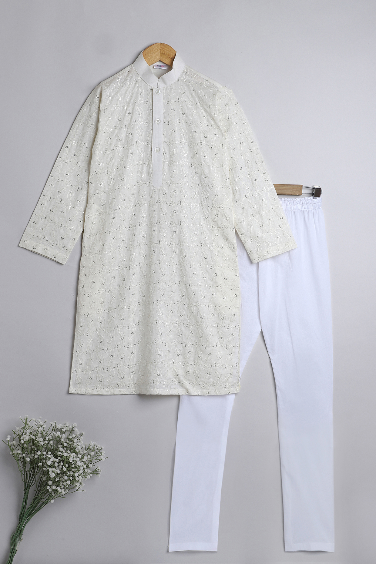 Cream Pure Linen Thread Embroidered Kurta Set by Li'l Me