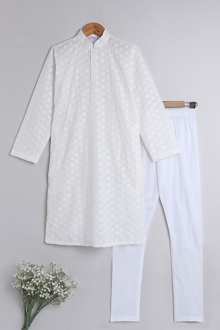 White Pure Cotton Chikan Embroidered Kurta Set For Boys by Li'l Me
