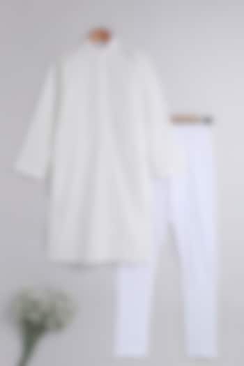 White Pure Cotton Chikan Embroidered Kurta Set For Boys by Li'l Me