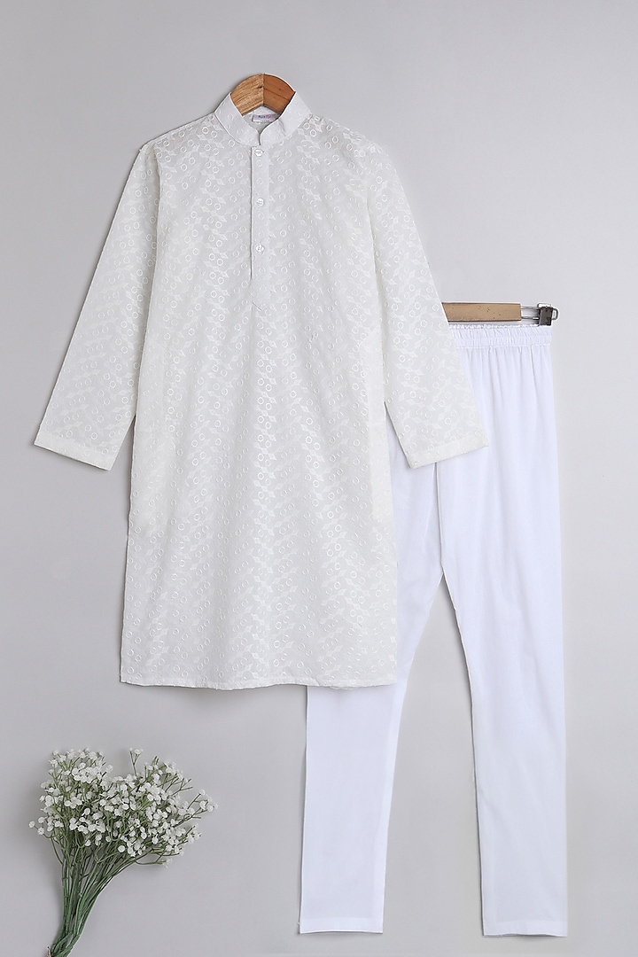 White Pure Cotton Chikan Embroidered Kurta Set For Boys by Little Clothings at Pernia's Pop Up Shop