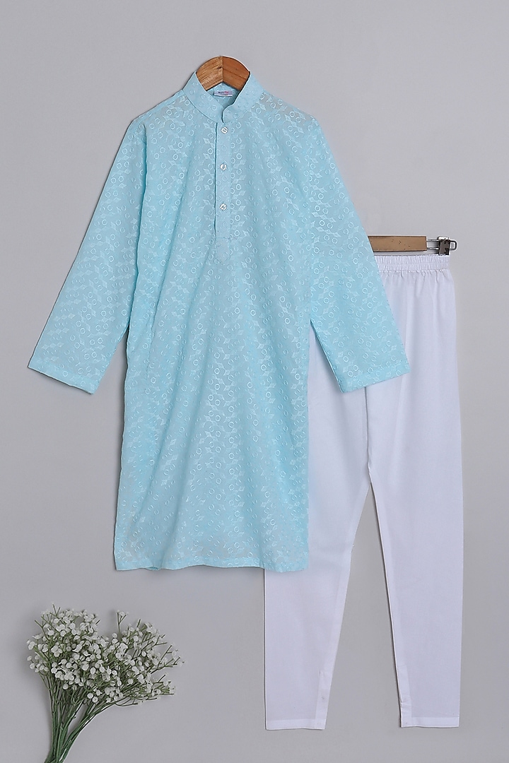 Blue Pure Cotton Chikan Embroidered Kurta Set For Boys by Little Clothings at Pernia's Pop Up Shop