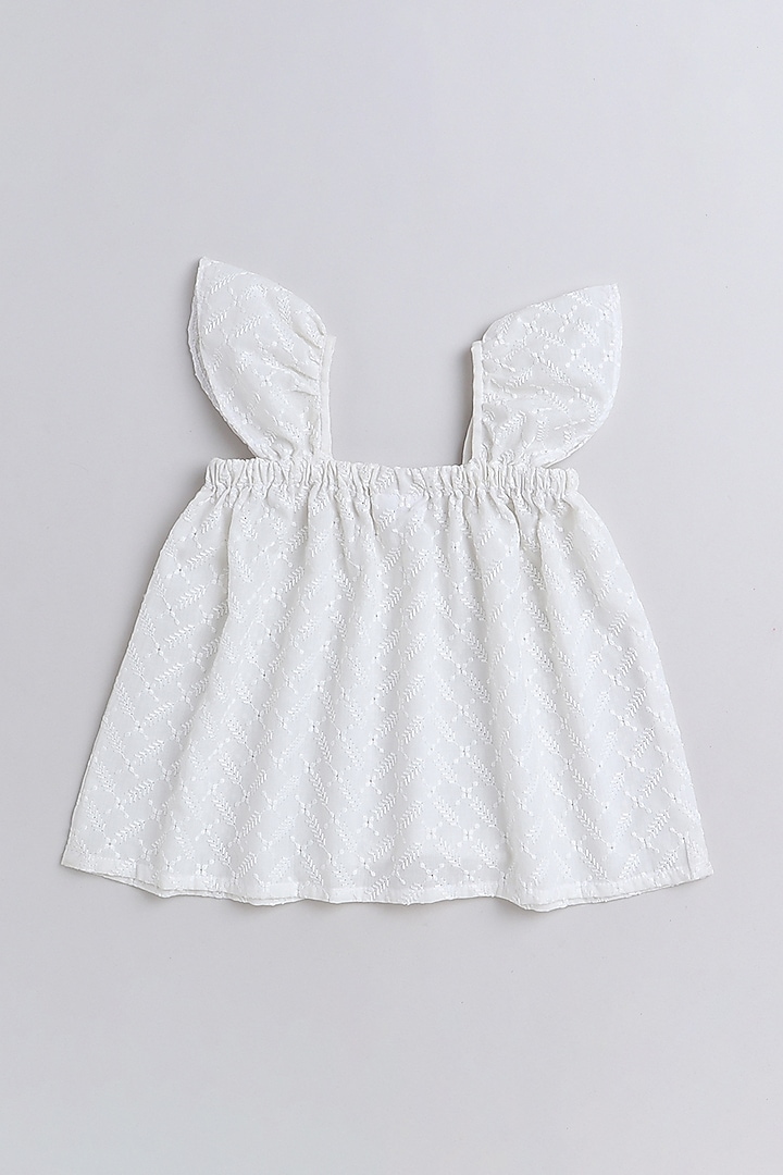 White Organic Cotton Chikan Embroidered Dress For Girls by Li'l Me