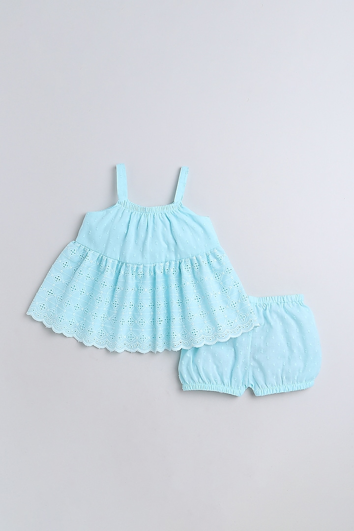 Blue Organic Cotton Chikan Embroidered Co-Ord Set by Li'l Me