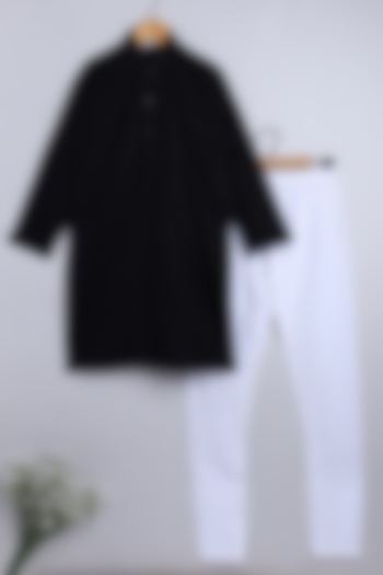 Black Linen Embroidered Kurta Set For Boys by Little Clothings at Pernia's Pop Up Shop