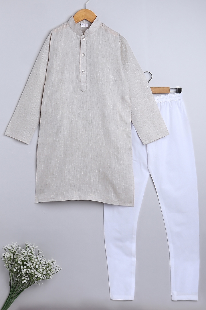 Beige Pure Linen Pathani Kurta Set For Boys  by Little Clothings at Pernia's Pop Up Shop