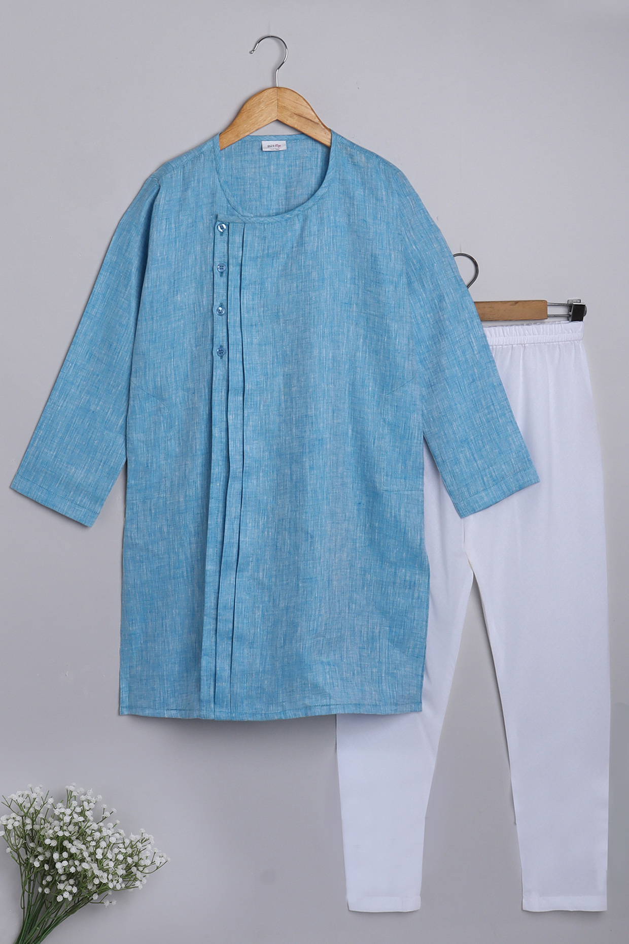 Blue Pure Linen Kurta Set For Boys by Little Clothings at Pernia's Pop Up Shop