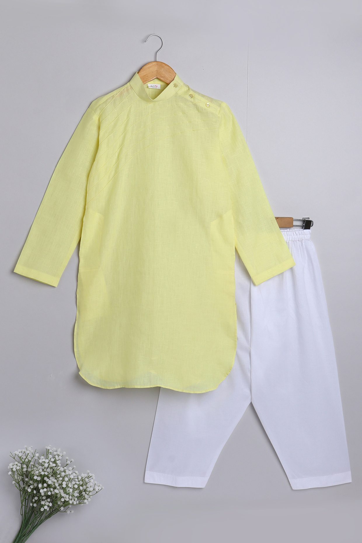 Yellow Pure Linen Kurta Set For Boys by Little Clothings at Pernia's Pop Up Shop