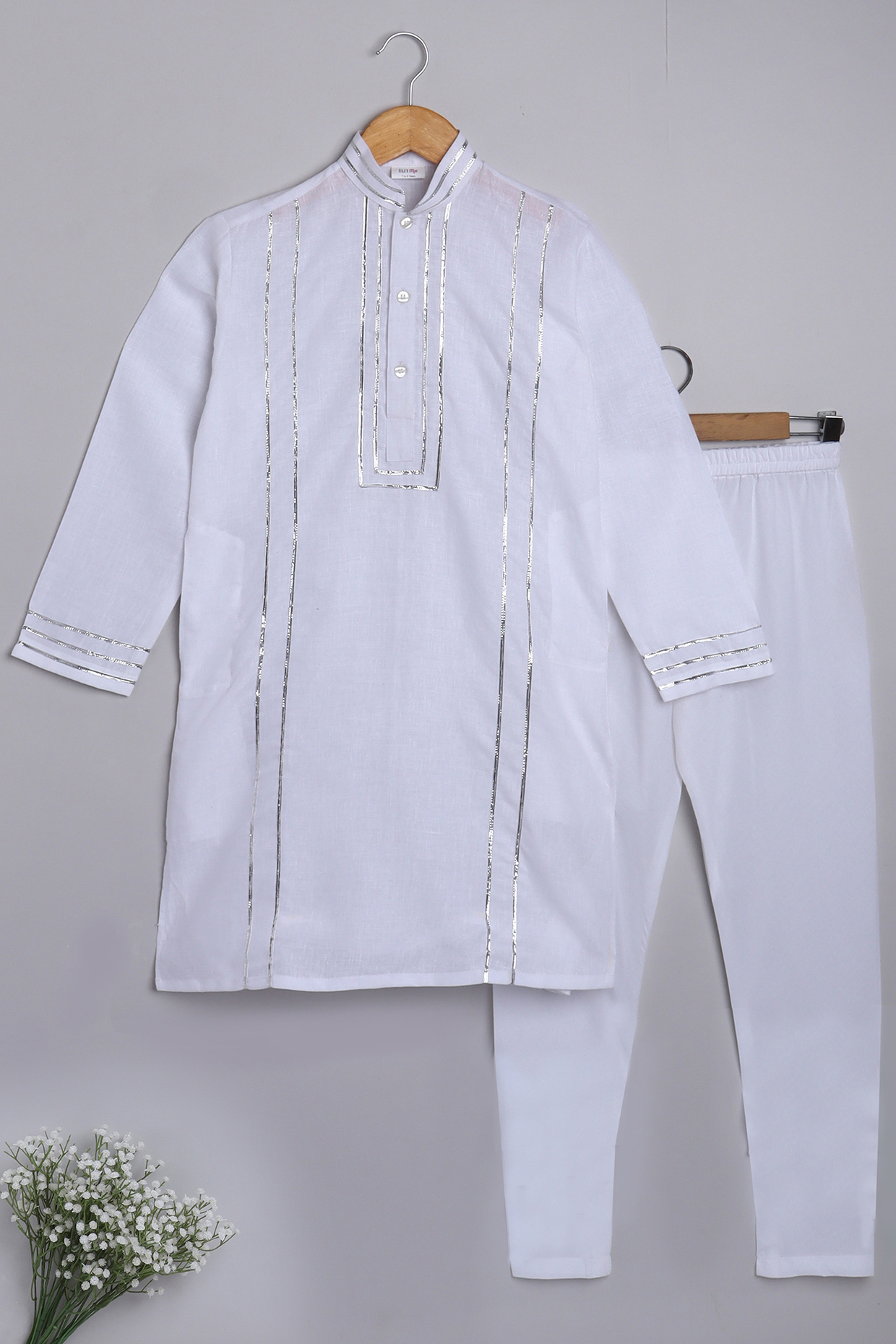 White Pure Linen Kurta Set For Boys by Little Clothings at Pernia's Pop Up Shop