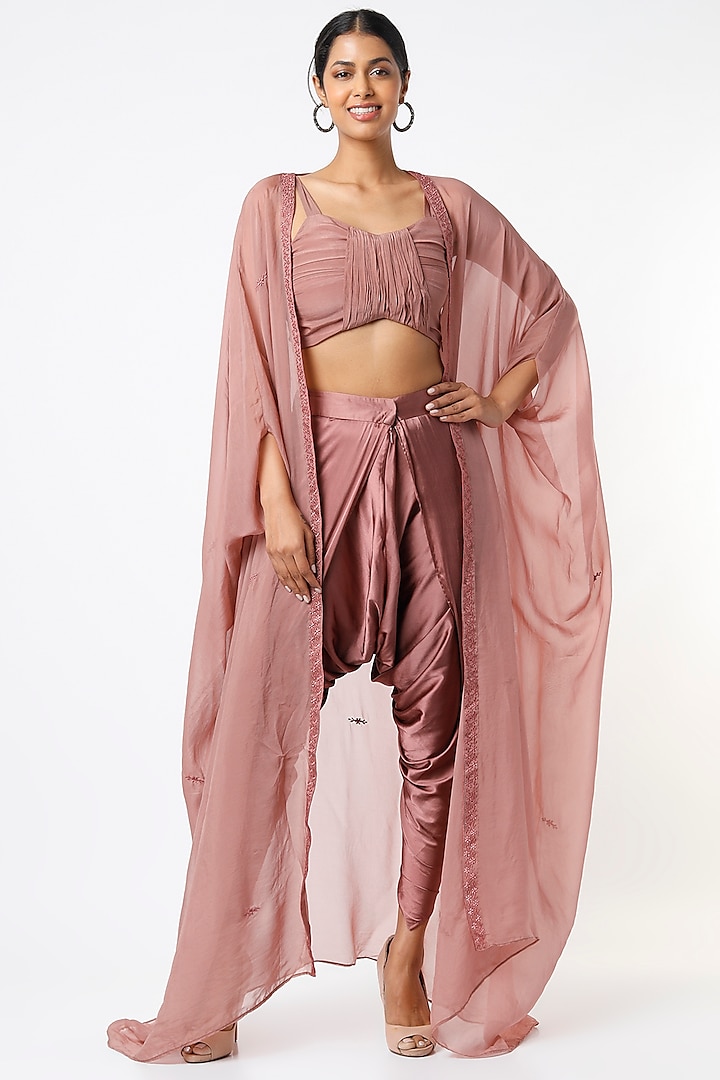 Mauve Dhoti Set With Embroidered Cape by Label Muskan Agarwal