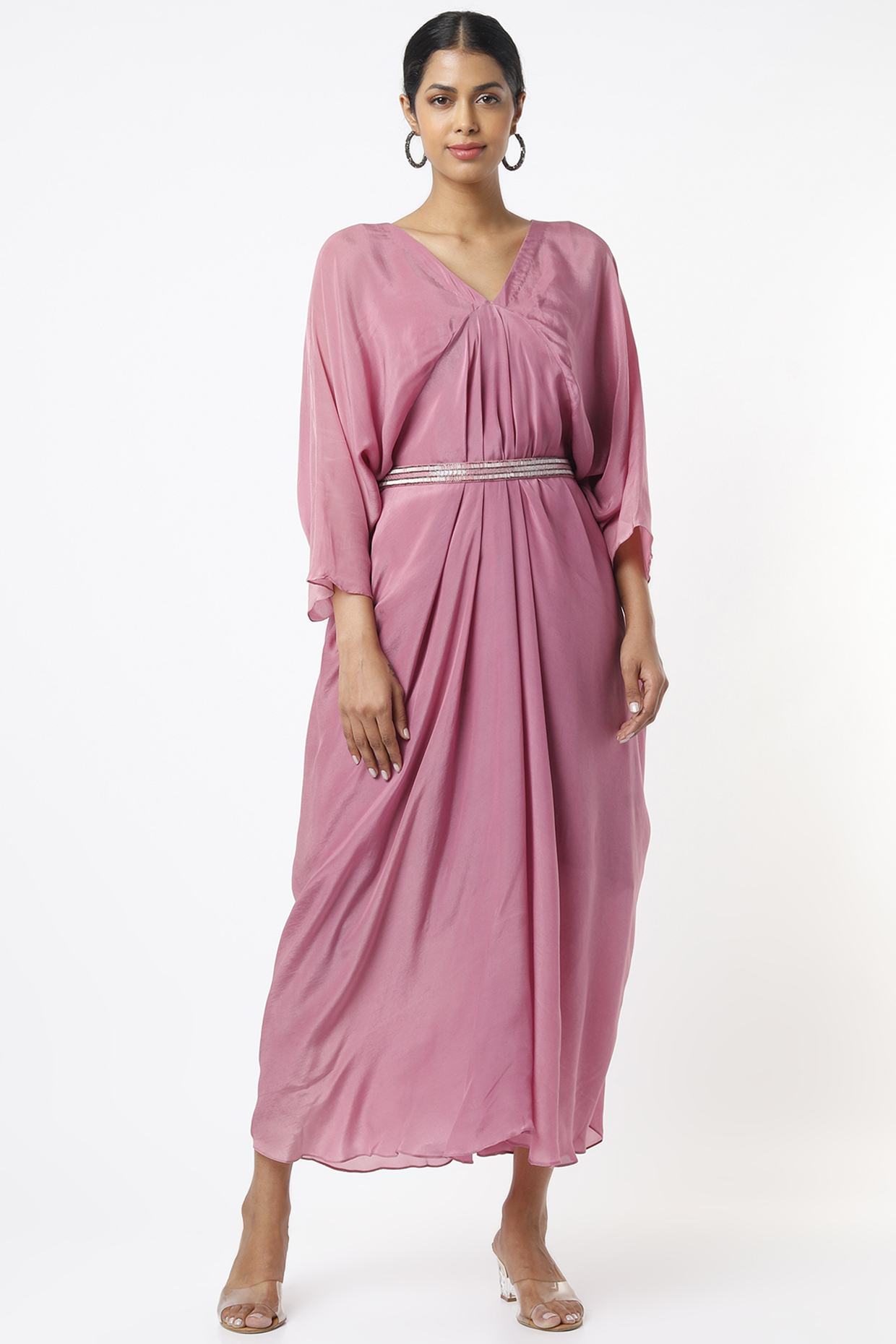 Pink Pleated Kaftan With Belt by Label Muskan Agarwal at Pernia's Pop Up Shop