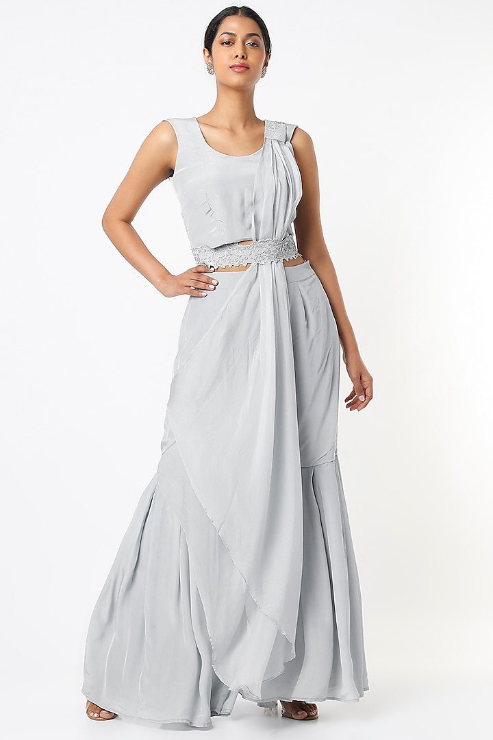 Light Grey Palazzo Pant Set With Belt by Label Muskan Agarwal at Pernia's Pop Up Shop