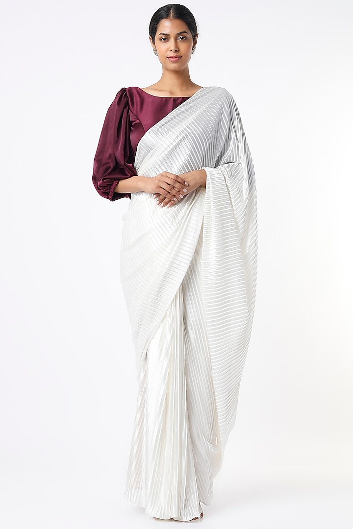 White Pleated Crepe Saree Set by Label Muskan Agarwal