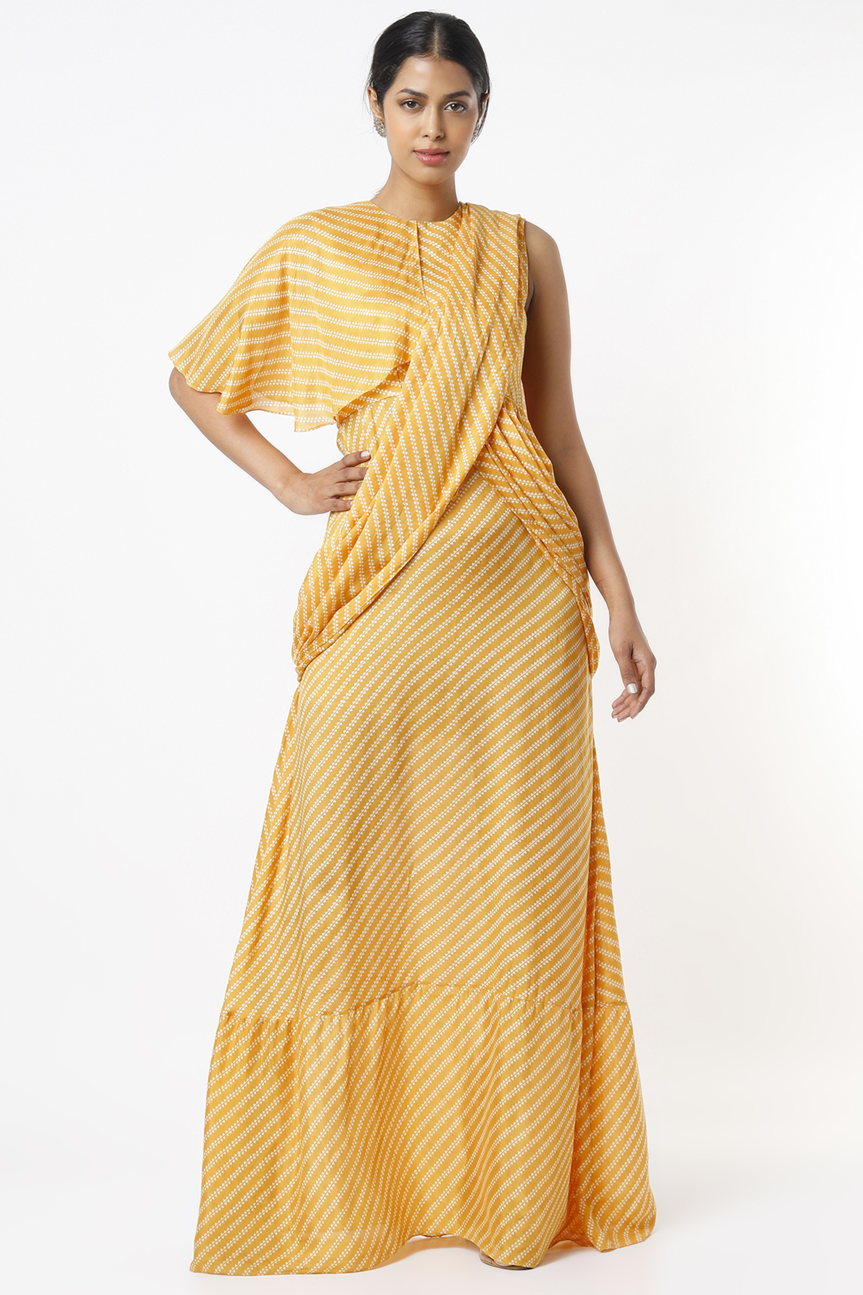 Yellow Party Wear Gown With Saree Drape by Label Muskan Agarwal at Pernia's Pop Up Shop