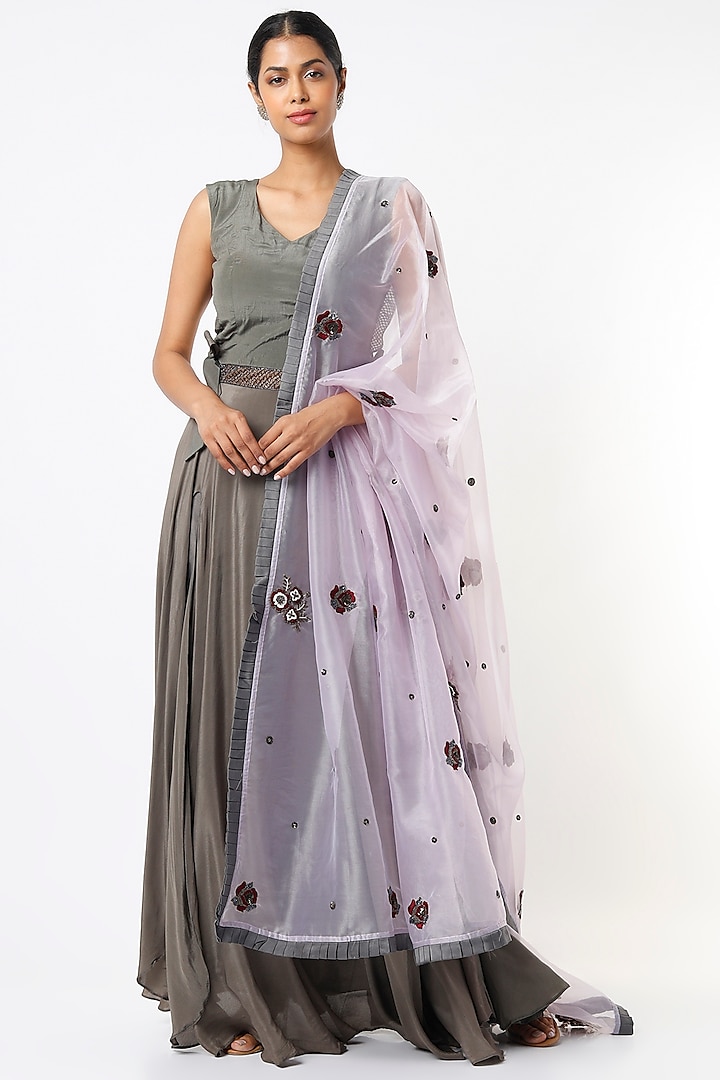 Grey Green A-Line Gown With Dupatta by Label Muskan Agarwal
