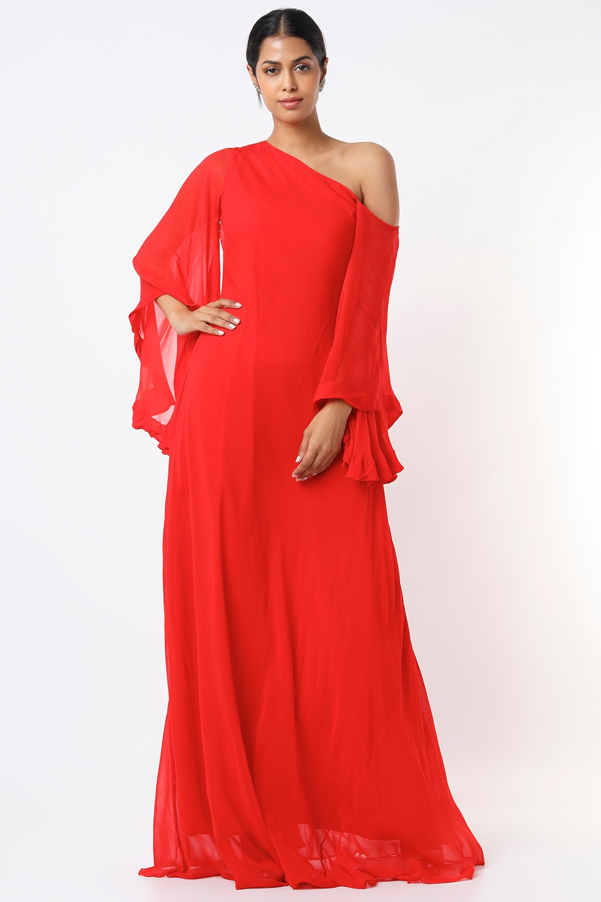 Cherry Red Georgette A-Line Gown Design by Label Muskan Agarwal at Pernia's  Pop Up Shop 2024
