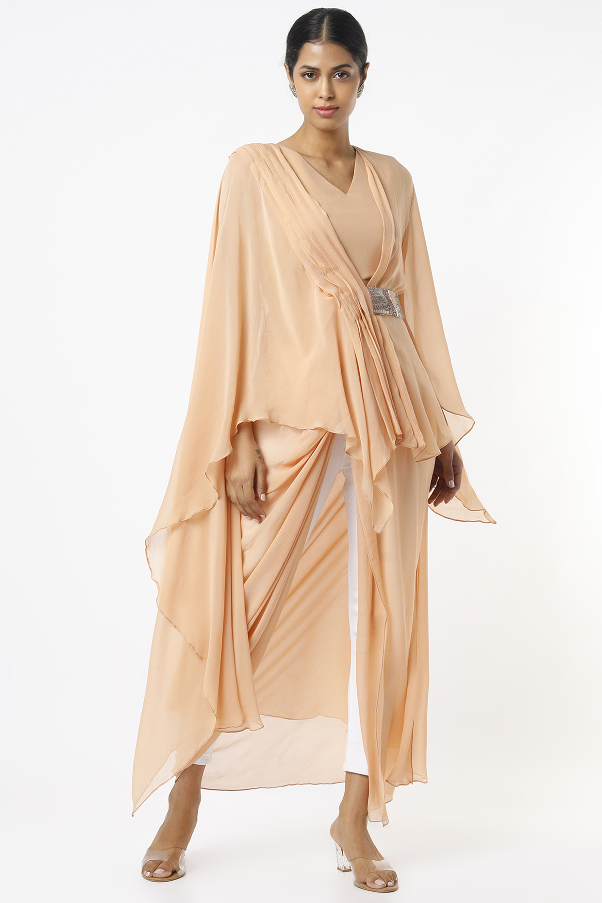 Beige Georgette Jacket Set by Label Muskan Agarwal at Pernia's Pop Up Shop