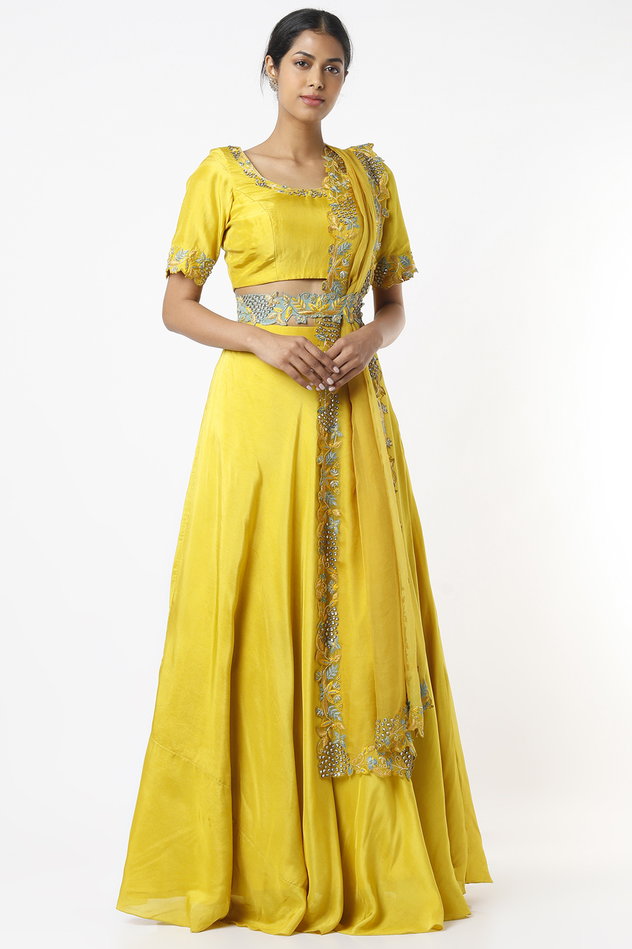 Dandelion Yellow Crepe Wedding Lehenga Set by Label Muskan Agarwal at Pernia's Pop Up Shop