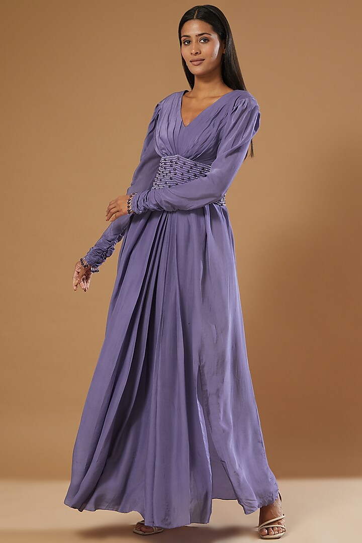 Purple Crepe Gown With Belt by Label Muskan Agarwal