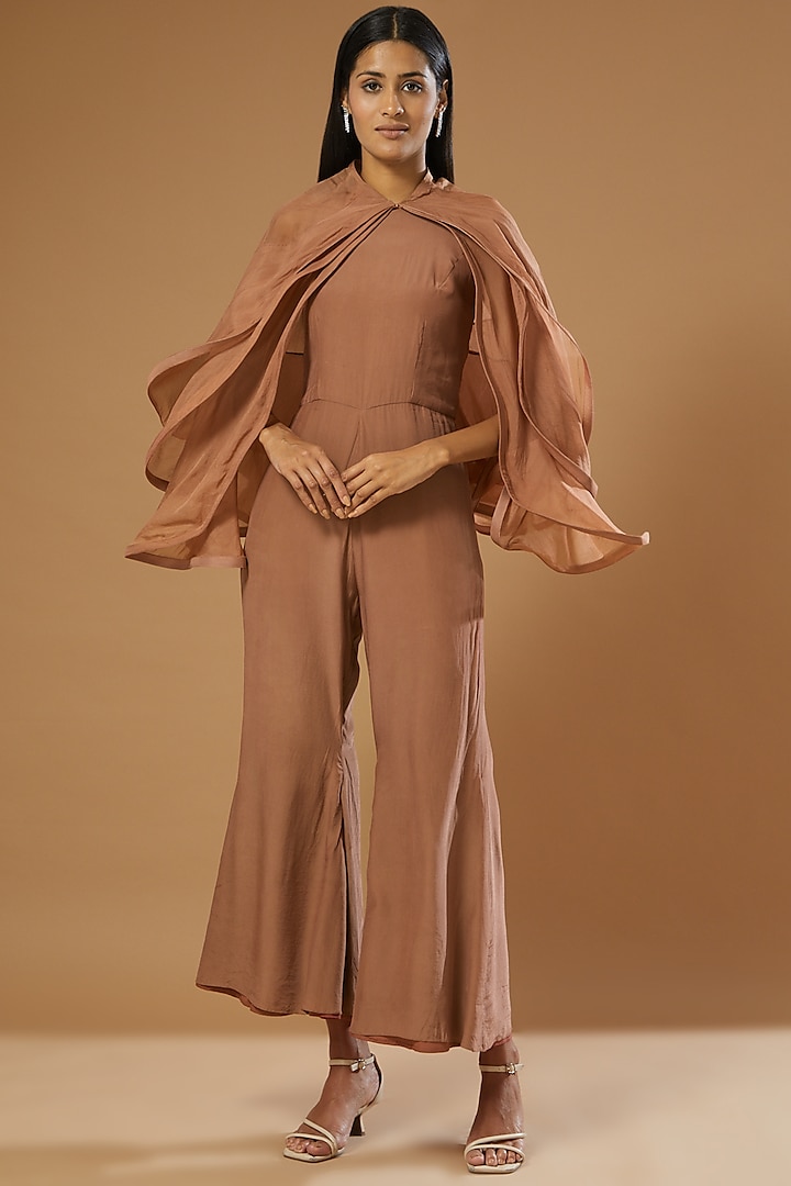 Nude Crepe Jumpsuit With Cape by Label Muskan Agarwal at Pernia's Pop Up Shop