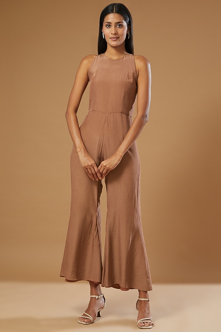 Nude Crepe Jumpsuit With Cape by Label Muskan Agarwal at Pernia's Pop Up Shop