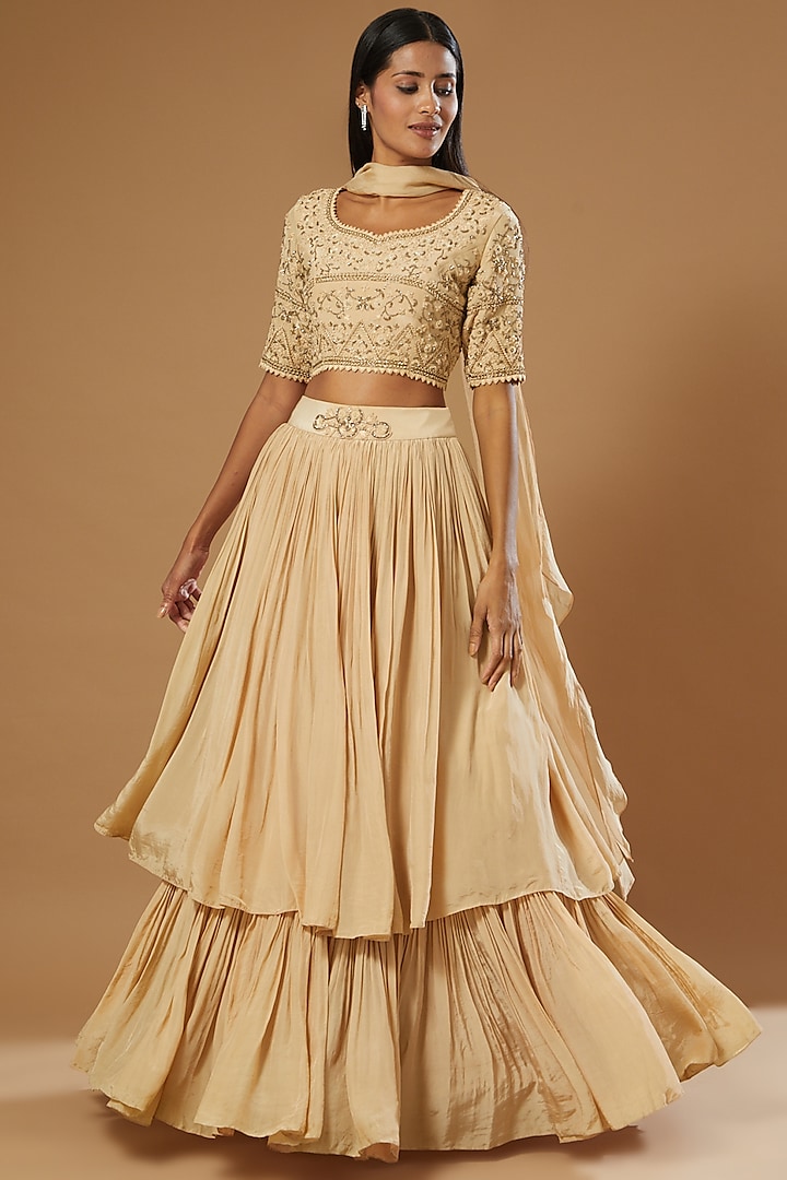 Beige Crepe & Organza Wedding Lehenga Set by Label Muskan Agarwal at Pernia's Pop Up Shop