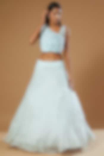 Sky Blue Crepe Embroidered Wedding Lehenga Set by Label Muskan Agarwal at Pernia's Pop Up Shop