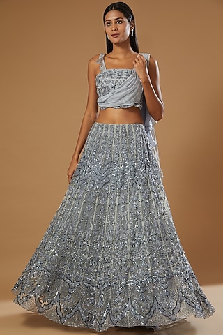 Grey Net Hand Embroidered Lehenga Set by Label Muskan Agarwal