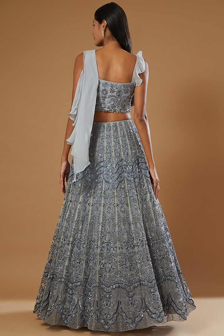 Grey Net Hand Embroidered Bridal Lehenga Set by Label Muskan Agarwal at Pernia's Pop Up Shop