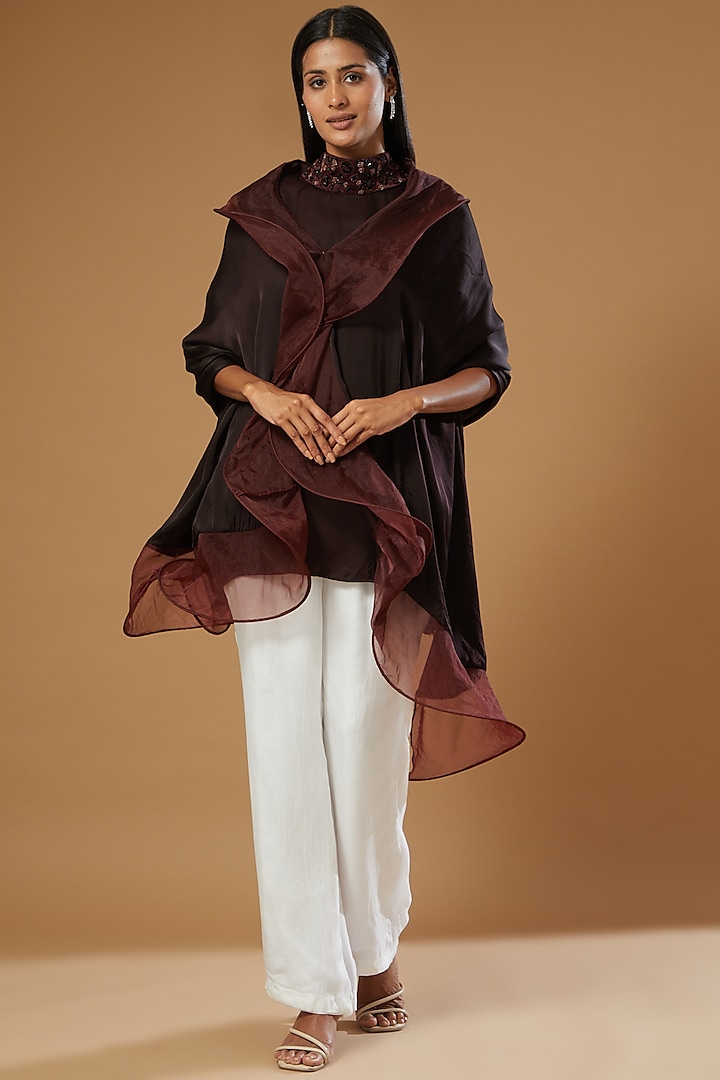 Wine Crepe & Organza Top With Cape by Label Muskan Agarwal