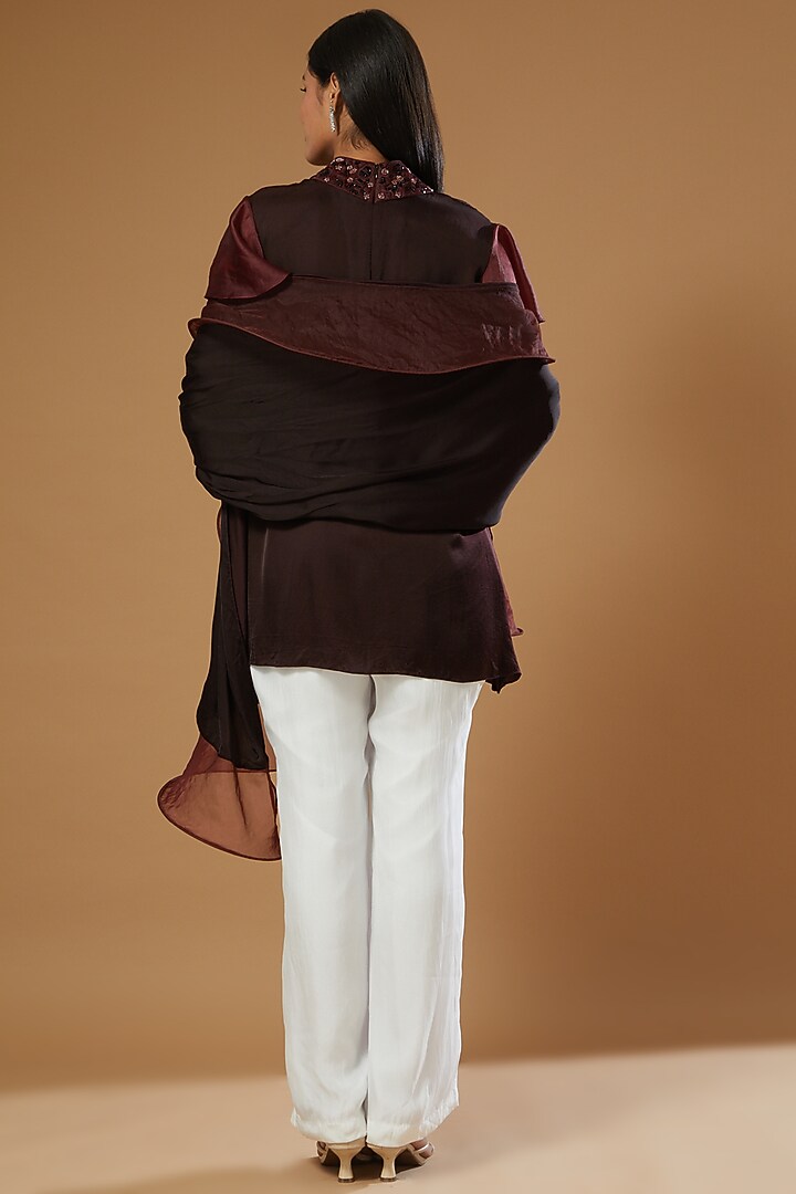 Wine Crepe & Organza Top With Cape by Label Muskan Agarwal at Pernia's Pop Up Shop
