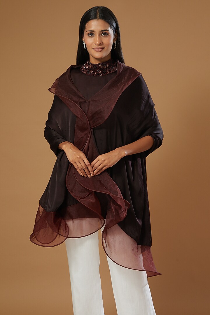 Wine Crepe & Organza Top With Cape by Label Muskan Agarwal at Pernia's Pop Up Shop
