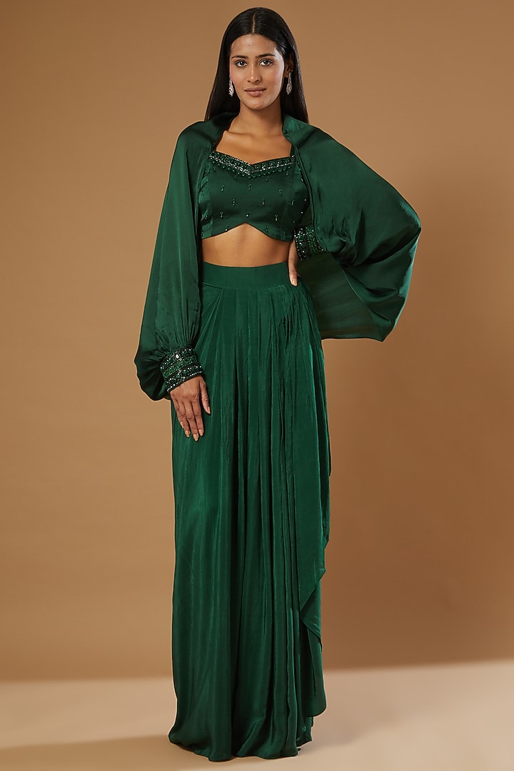Emerald Green Crepe Draped Skirt Set by Label Muskan Agarwal at Pernia's Pop Up Shop