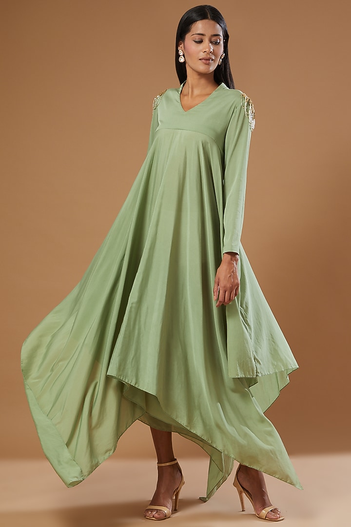 Olive Green Crepe Draped Vacation Dress by Label Muskan Agarwal at Pernia's Pop Up Shop