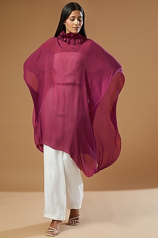Magenta Chiffon Ruffled Kaftan by Label Muskan Agarwal